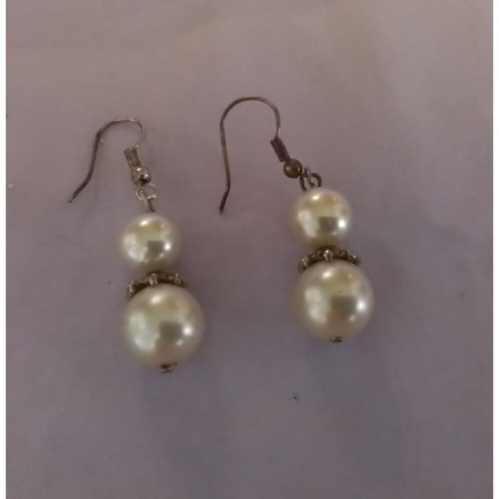 Vintage Faux Pearl Dangle Earrings With Silver Tone Accents